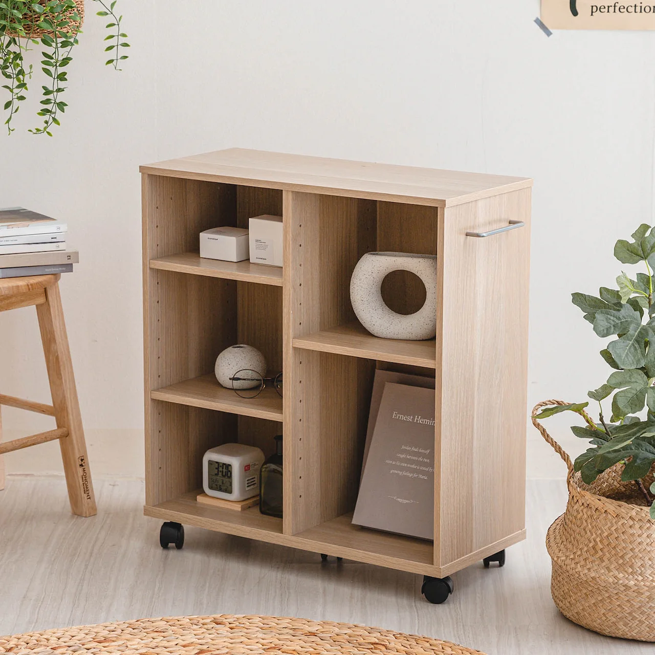 Slim Rolling Wood Utility Cart with Side Hook - Image 4