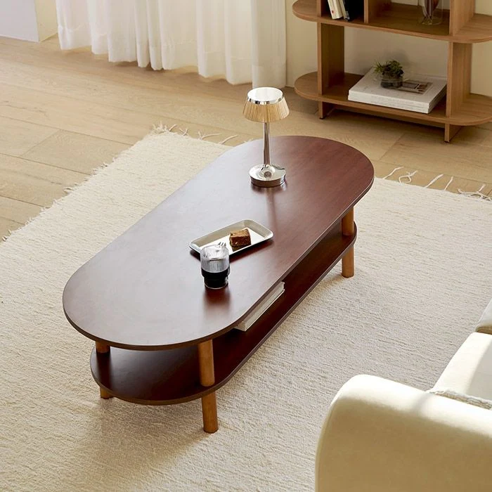 Walnut Oval Coffee Table with Storage Shelf - Image 3