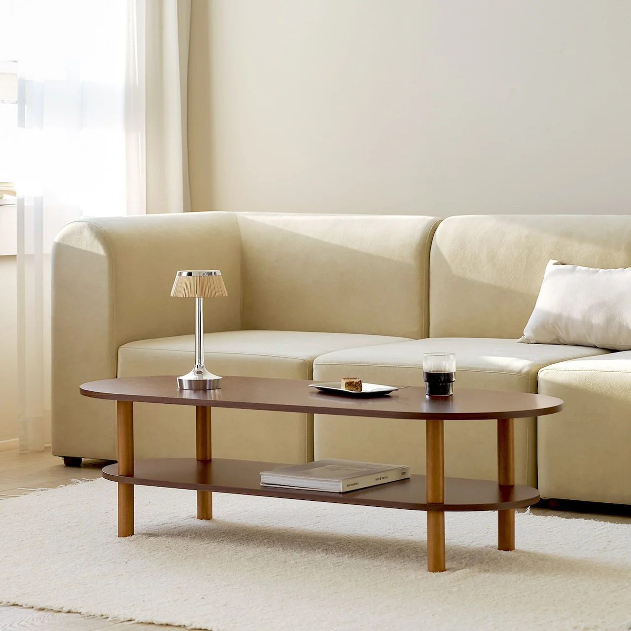 Walnut Oval Coffee Table with Storage Shelf - Image 4